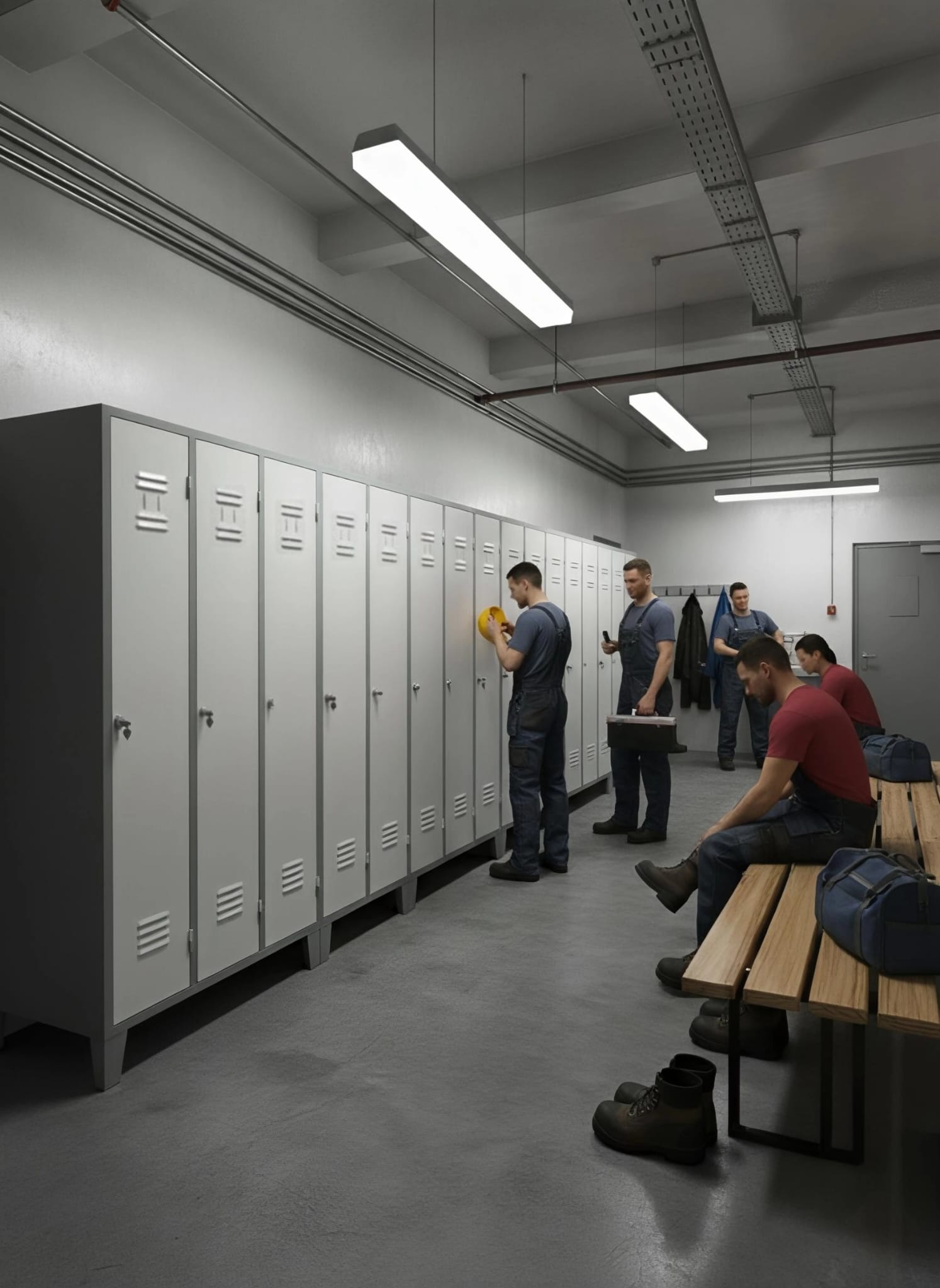 Vestuario industrial con taquillas metálicas y personal de trabajo